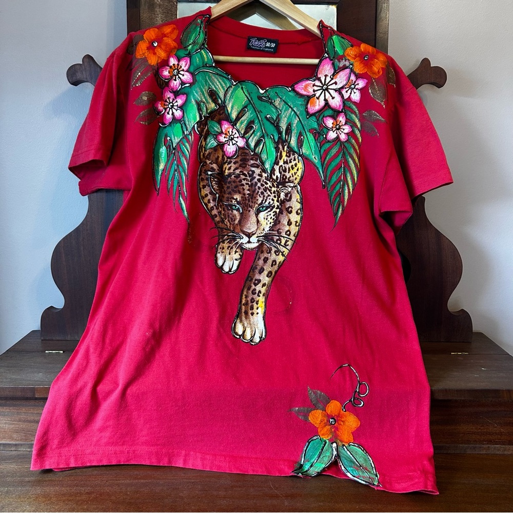 VTG Fast 50/50 Puff Paint/Glitter Shoulder Pads Bold Leopard Floral Shirt:P2P 23